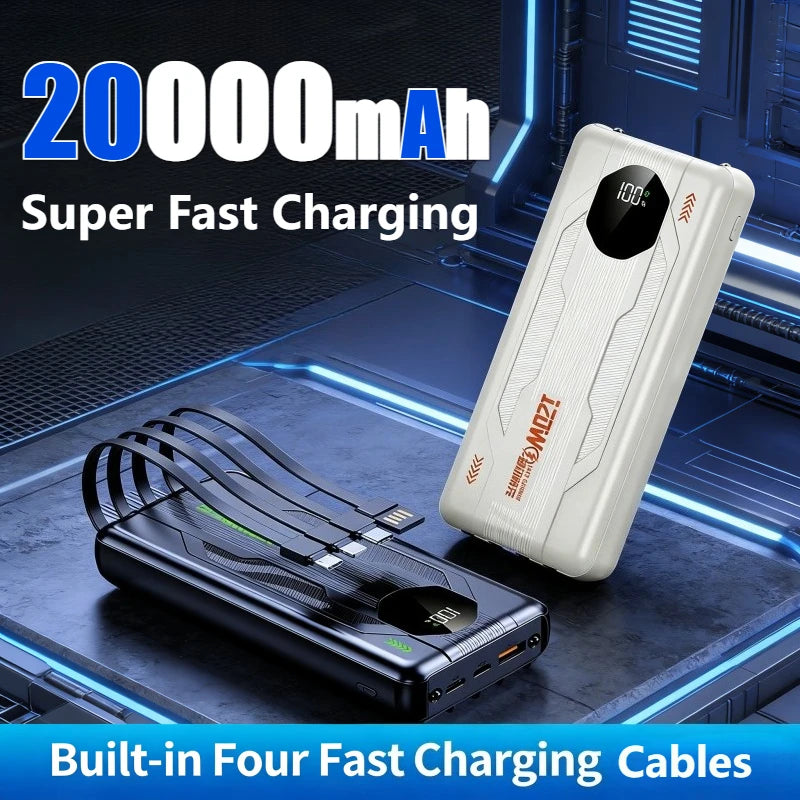 20000mAh 120W Power Bank with 4 Built-in Cables and Digital Display