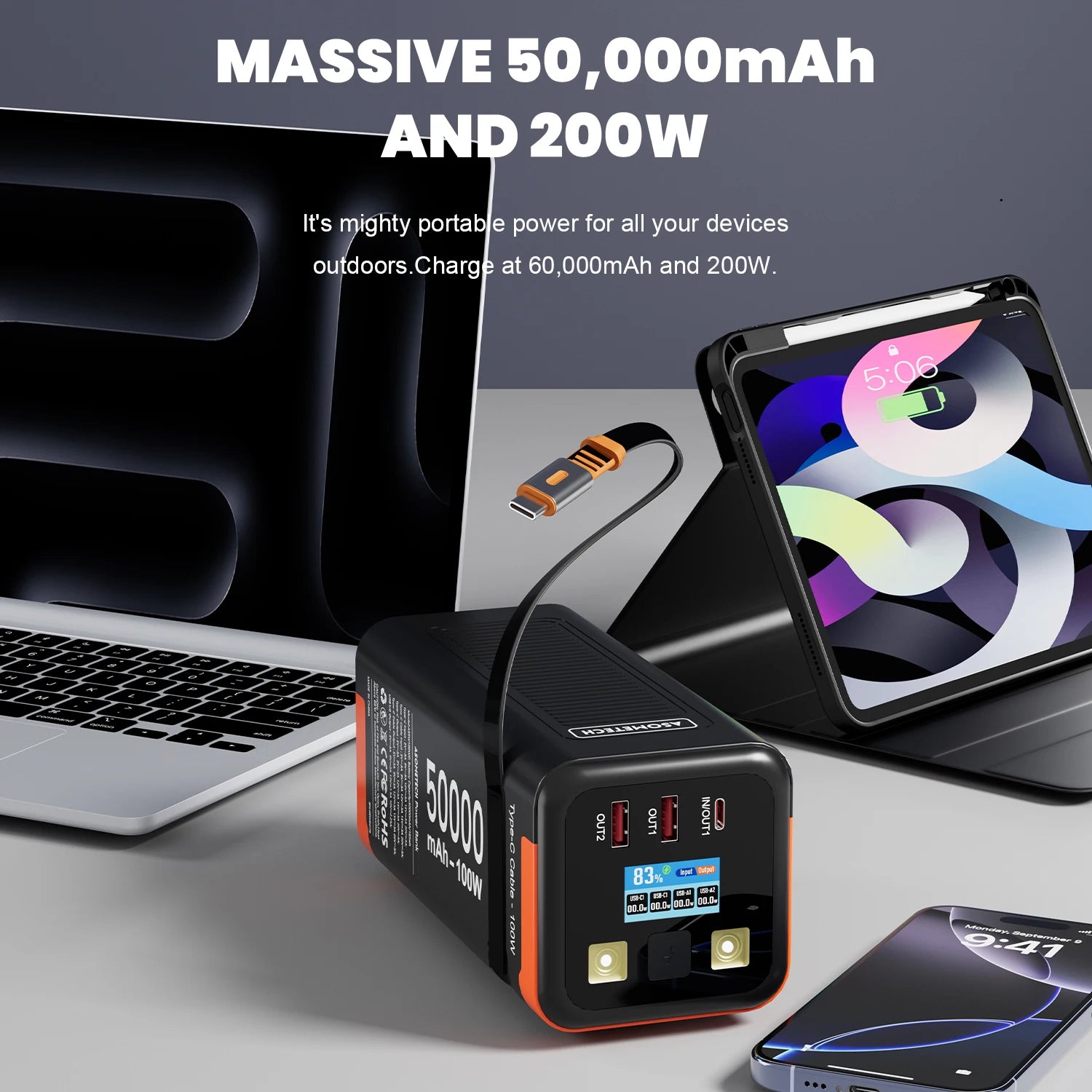 Batería Externa 50000mAh 100W PD Carga Rápida con Cable Retráctil