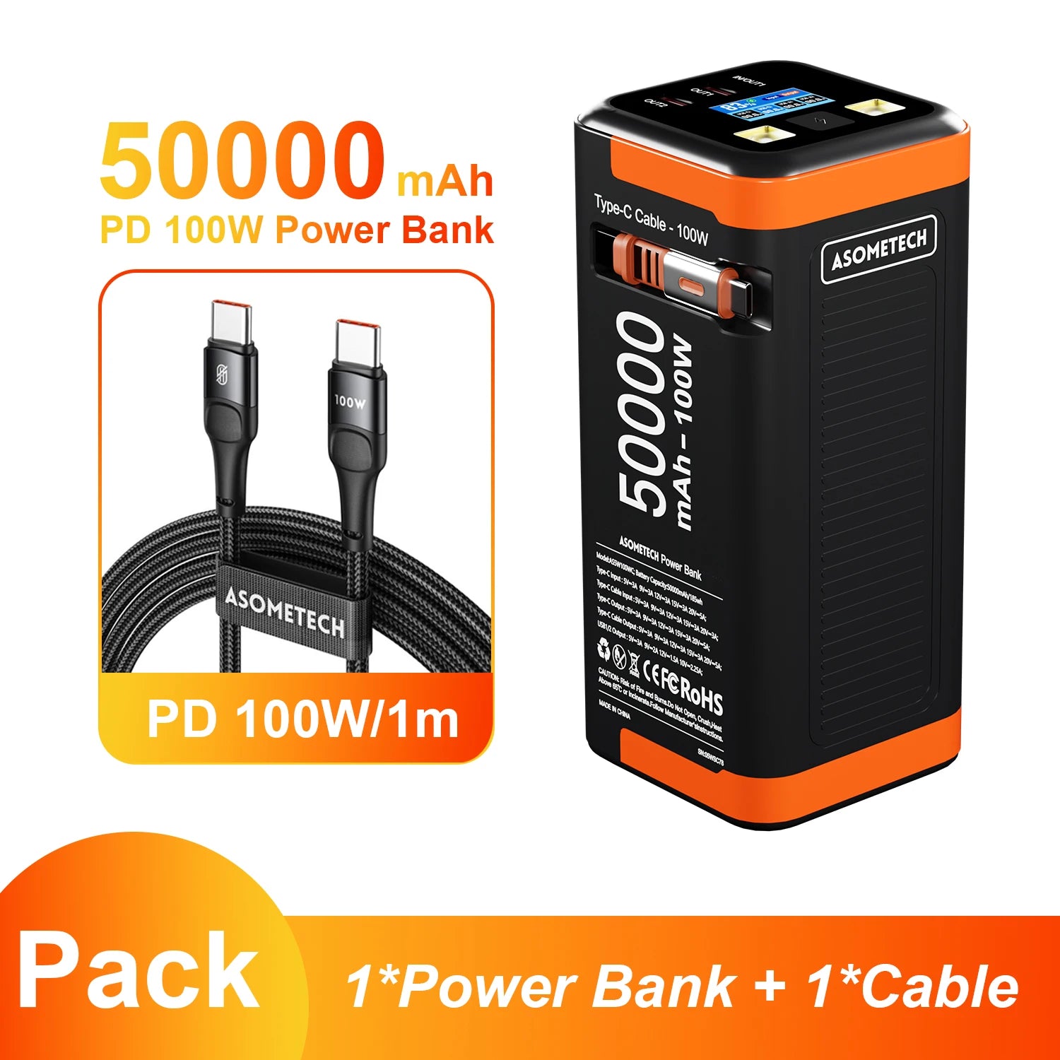 Batería Externa 50000mAh 100W PD Carga Rápida con Cable Retráctil