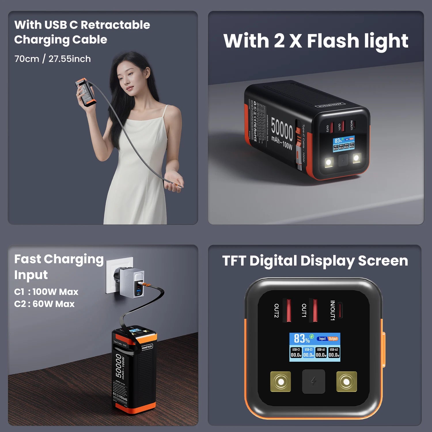 Batería Externa 50000mAh 100W PD Carga Rápida con Cable Retráctil