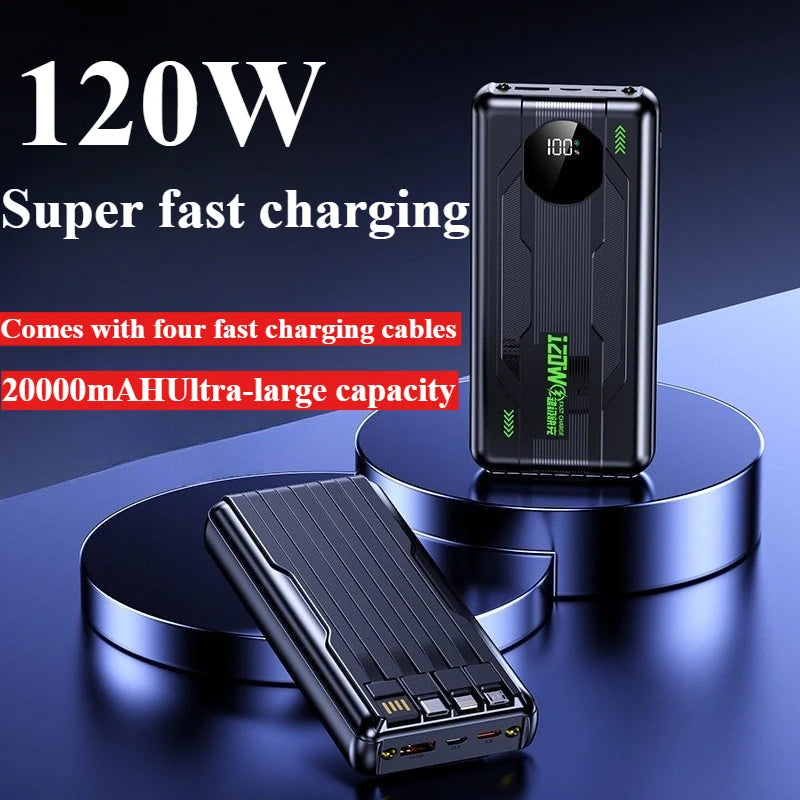 20000mAh 120W Power Bank with 4 Built-in Cables and Digital Display