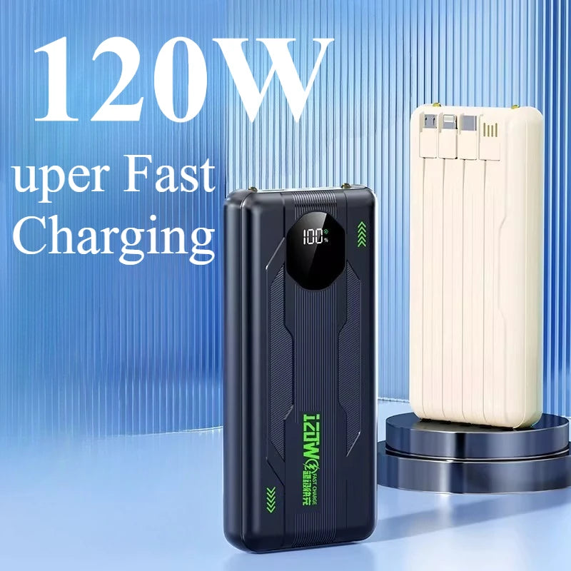 20000mAh 120W Power Bank with 4 Built-in Cables and Digital Display