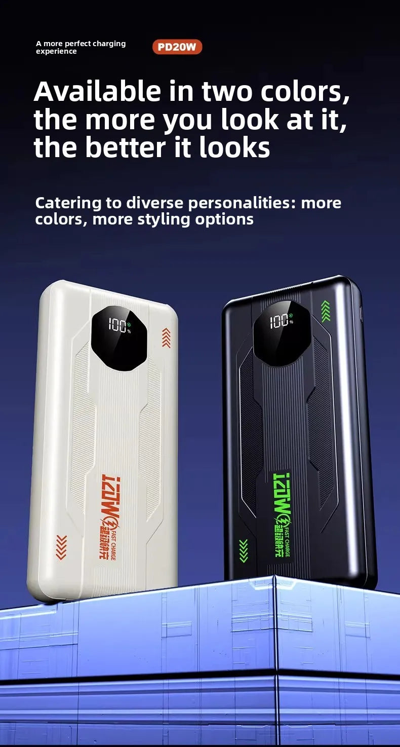 20000mAh 120W Power Bank with 4 Built-in Cables and Digital Display